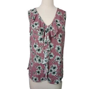 Corvia Sleeveless Ruffle Shirt Top Womens Size Large Stretch Floral V Neck